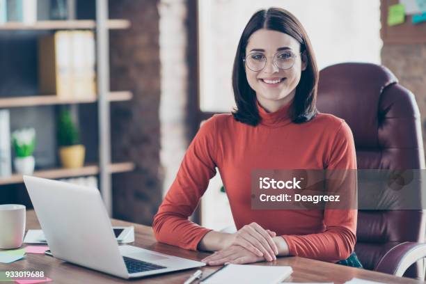 Leadership Leader Professional Employment Employee Staff Company Studying People Person Concept Pretty Smart Clever Charming Lady Boss Sitting At The Table Keeping Holding Hands On Desk Pullover Stock Photo - Download Image Now