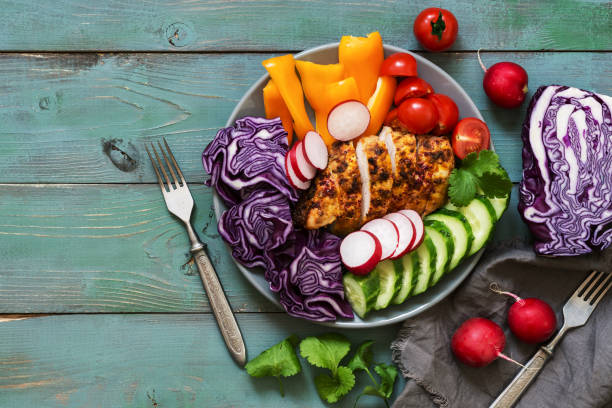 istock Chicken breast baked with spices is served with fresh vegetables, red cabbage, radish, cucumbers, sweet peppers, tomatoes on a green wooden background. The concept of healthy eating. Top view. 933019772