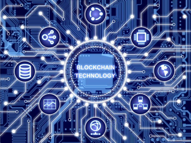 istock Circular circuit board surrounded by technical and financial symbols blockchain technology concept 933039626