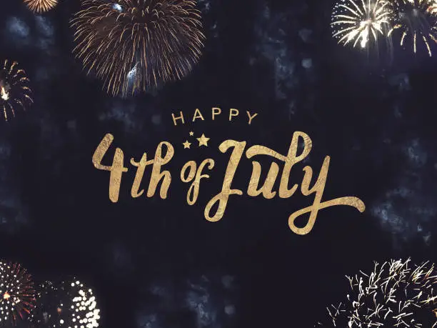 Photo of Happy 4th of July Text with Gold Fireworks in Night Sky