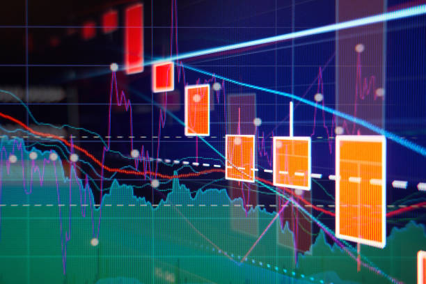stock market down - rote kerze grafiken und diagramme - spinne grafiken stock-fotos und bilder