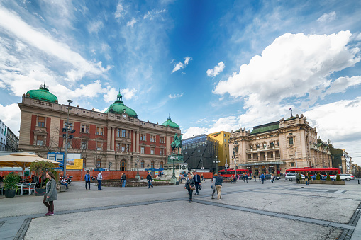 Belgrade, Serbia March 12, 2018: Republic square in Belgrade, capitol of Serbia. Prince Michael monument, National Museum and National Theatre are located here.