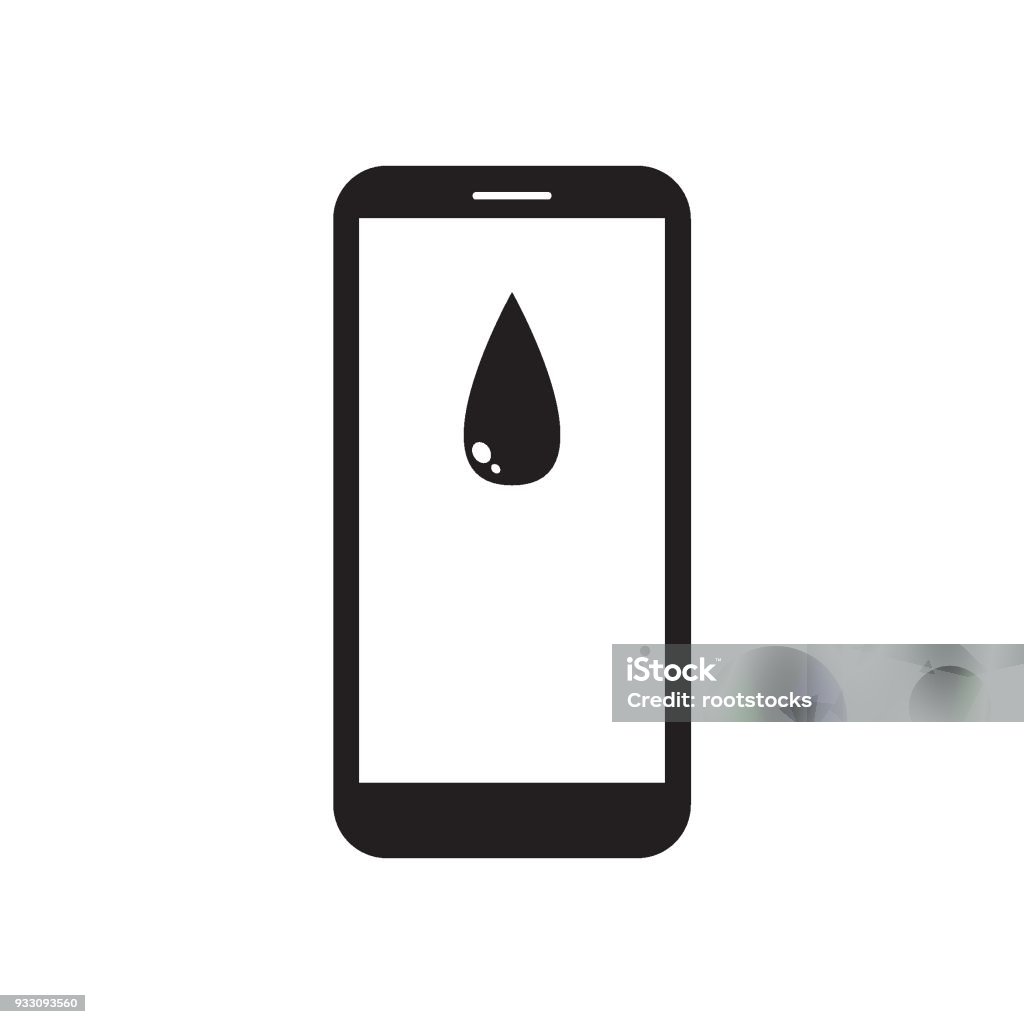 Smartphone with raindrop on the screen Smartphone with raindrop on the screen. Mobile device. Weather forecast. Rainy message. Black and white vector illustration. Abstract stock vector