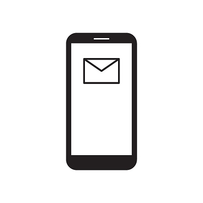 Smartphone with mail icon on the screen. Modern gadget. Mobile device. Mail/email icon. Envelope. Black and white vector illustration.