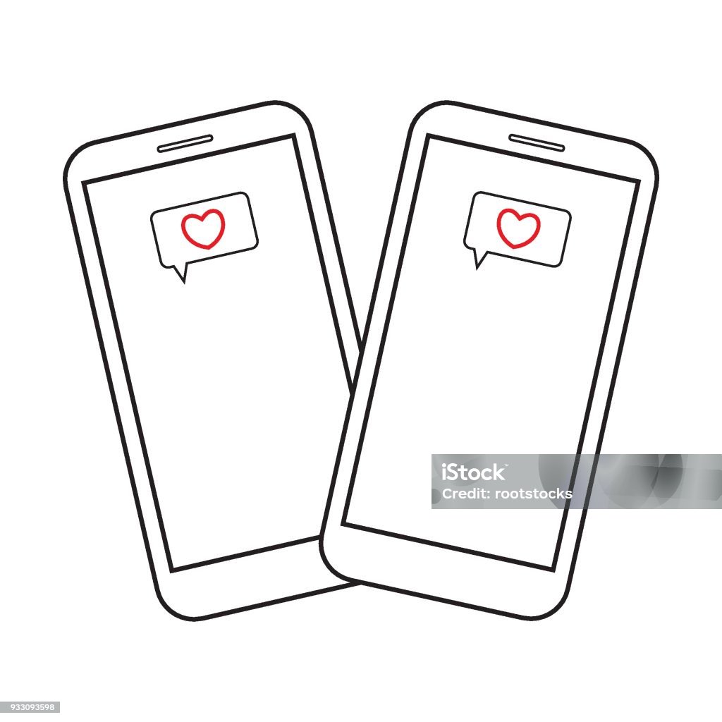 Two smartphones with heart messages Two smartphones with heart messages on the screen. Heart icons. Love messages. Mobile devices. Black and white vector illustration. Abstract stock vector