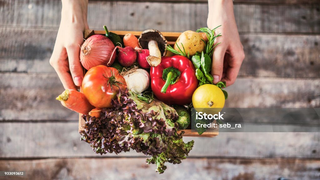 Organic vegetables healthy nutrition concept on wooden background Vegetable Stock Photo