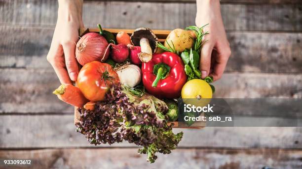 Organic Vegetables Healthy Nutrition Concept On Wooden Background Stock Photo - Download Image Now