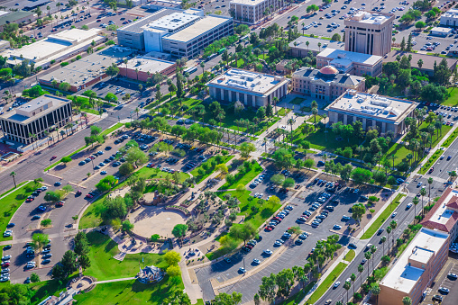 Aerial view of Arizona State Capitol Building complex and campus, in Phoenix Arizona.