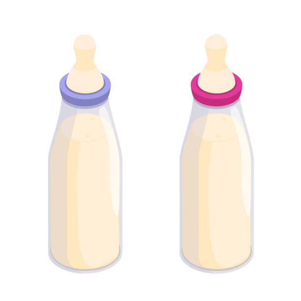 vector baby bottle with a pacifier in isometric. baby bottle with a pacifier in isometric. vector illustration isolated from background. plastic bottle for feeding baby over fed stock illustrations