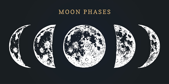 Moon phases image on black background. Hand drawn vector illustration of cycle from new to full moon.
