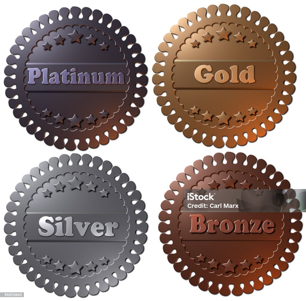 Set of 4 medals (Platinum, Gold, Silver, Bronze) Set of four 3D winner metallic badges, seals or buttons. 3D rendered medals, platinum gold silver and bronze. Platinum stock illustration