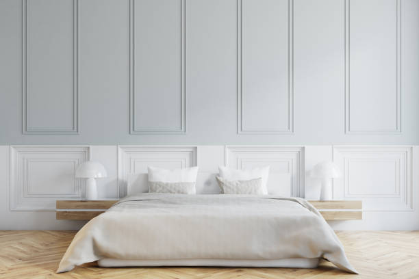 istock Stylish master bedroom interior, white close up 933112790