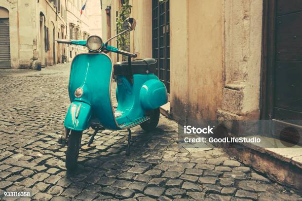 Vintage Motor Scooter On The Street In Italy Stock Photo - Download Image Now - Rome - Italy, Italy, Motor Scooter