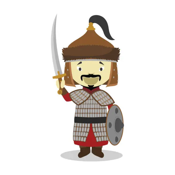 Vector illustration of Genghis Khan cartoon character. Vector Illustration. Kids History Collection.