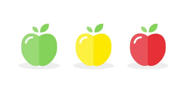 Vector illustration of Set: apple icons. Green, red and yellow bright colors. Vector illustration, flat and minimal style.
