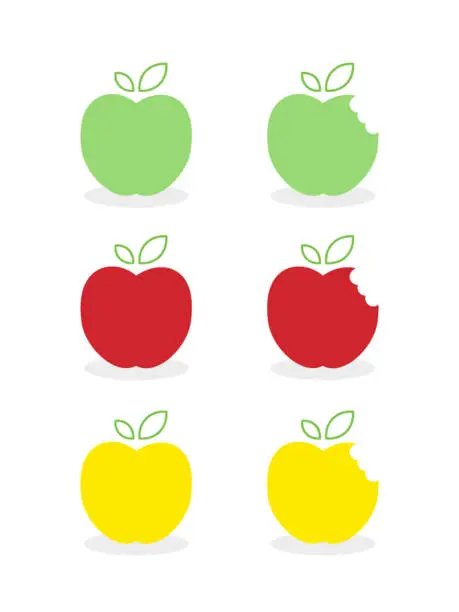 Vector illustration of Set: apple icons. Green, red and yellow bright colors. Whole apples and bitten. Vector illustration, flat and minimal style.