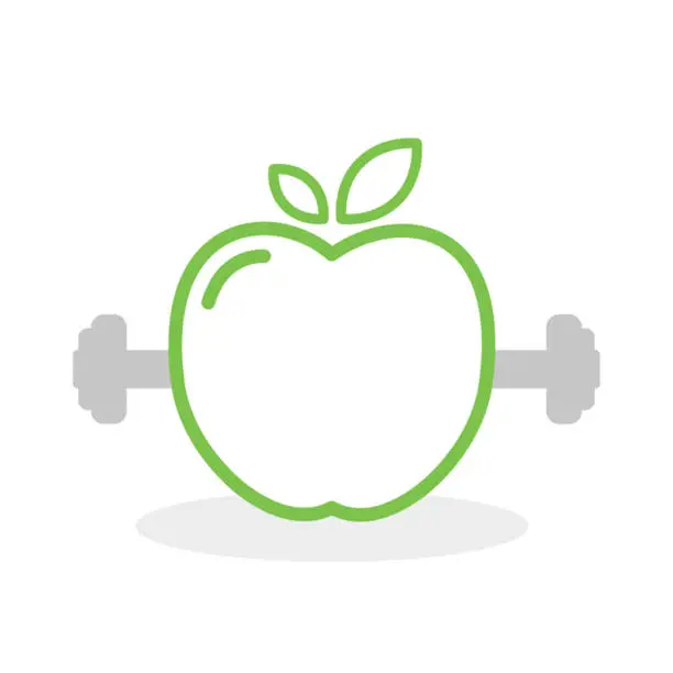 Vector illustration of Apple and dumbbell icon. Vector illustration, flat and minimal style.