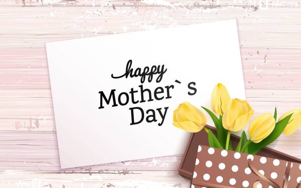 счастливая открытка матери с тюльпанами на потрепанном деревянном фоне. - mothers day tulip yellow greeting card stock illustrations