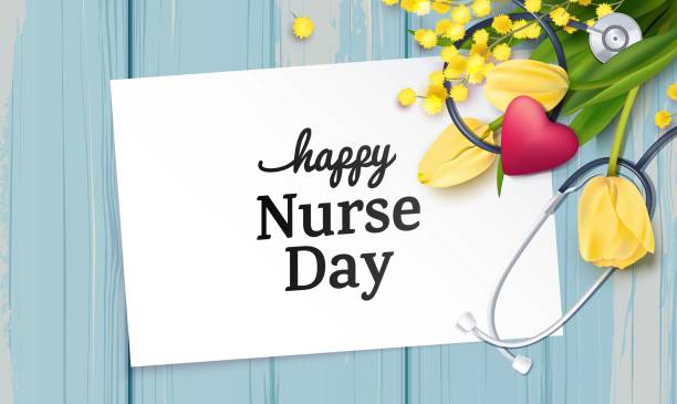 Happy international nurse day background. Bunch of yellow tulips, mimosa branch and stethoscope on blue wooden background. Happy international nurse day. Vector illustration nurse borders stock illustrations