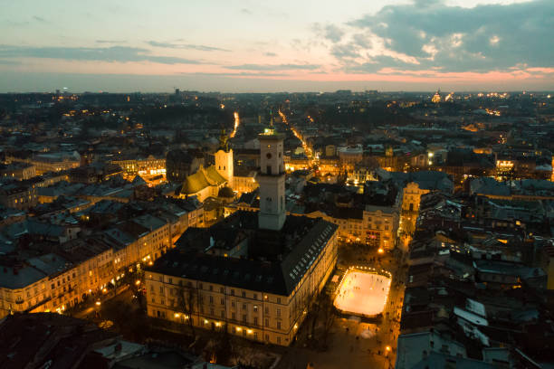 istock panoramic view on sunset above old european city. bird's eye view. 933140686