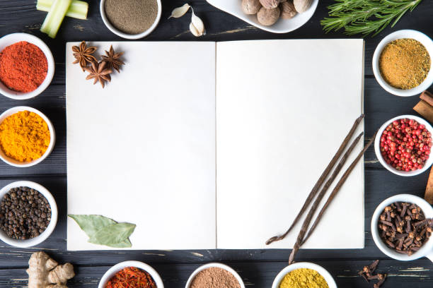 istock Open recipe book with fresh herbs and spices 933144388