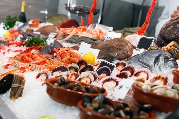 Large assortment of fresh seafoods suiting any taste on icy restaurant showcase