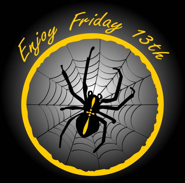 Friday 13th, elegant badge with spider crusader, cobweb in yellow circle on black gradient background. Friday 13th, elegant badge with spider crusader, cobweb in yellow circle on black gradient background. Vector EPS 10 cartoon of the friday 13th stock illustrations