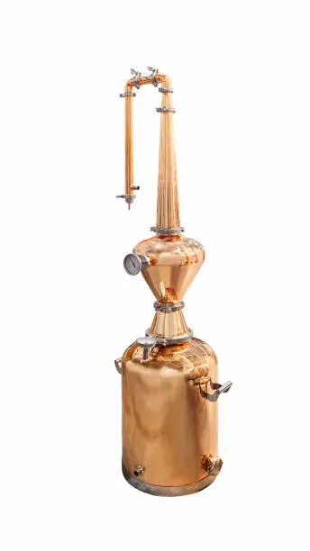 Photo of Traditional distiller tank made from copper production of alcohol, cognac, whiskey. Copper modern distiller for alcohol production isolated on a white background. Ancient traditional food technologies for alcohol.