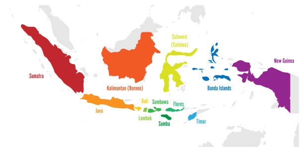 illustrazioni stock, clip art, cartoni animati e icone di tendenza di isole principali dell'indonesia. mappa vettoriale con nomi - island of borneo