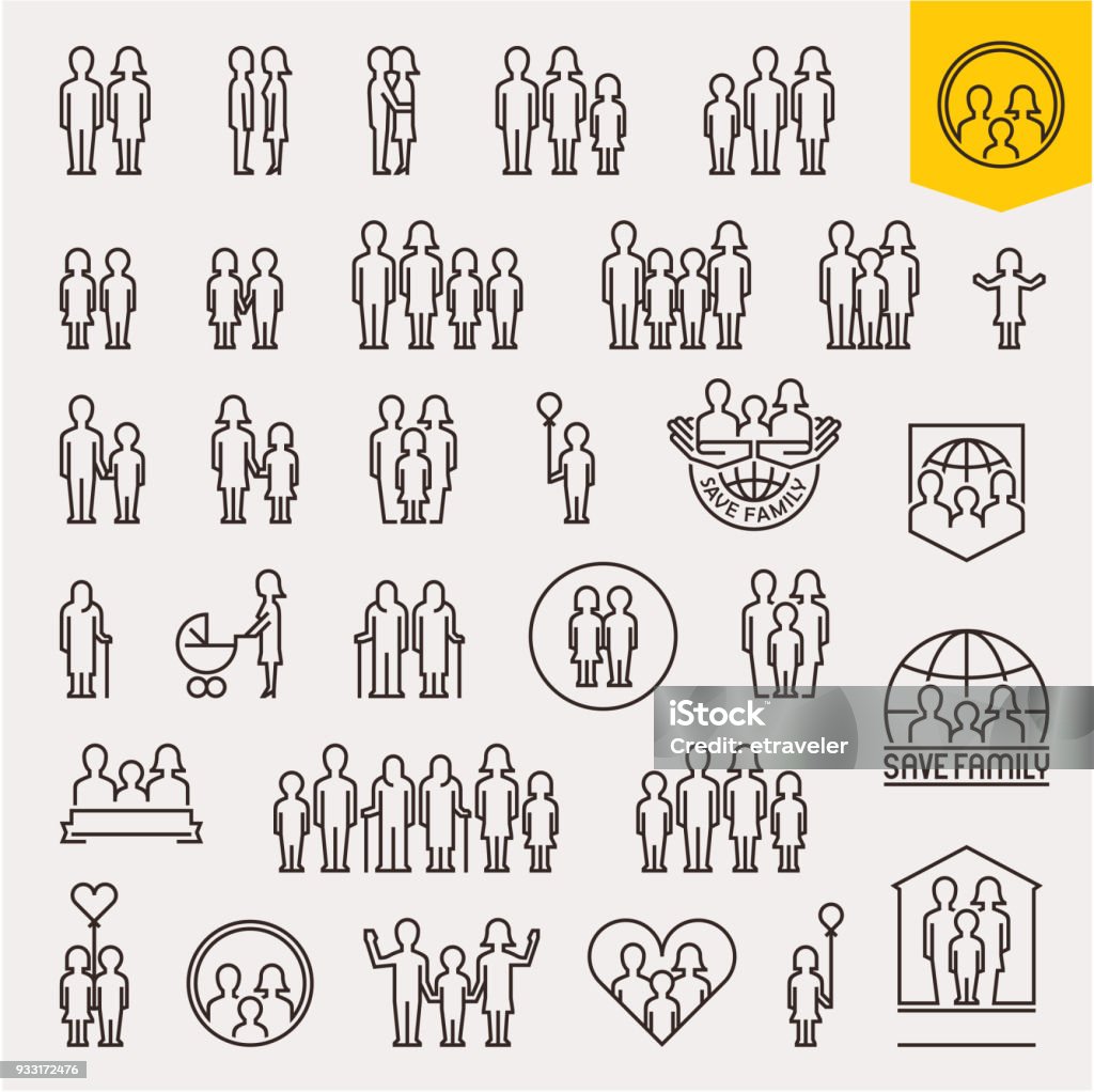 Familia. Conjunto de iconos familiares. Delgada línea personas y familia de vectores iconos - arte vectorial de Familia libre de derechos