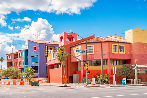 Colorful townhouses on Broadway boulevard in downtown Tucson Arizona USA.