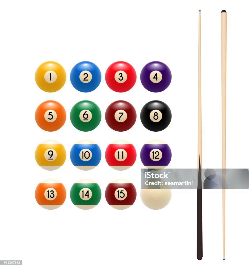 Pool billiards balls and cue vector game icon Pool or American billiards balls with numbers and cues. Vector icon of snooker colored balls and wooden gaming cue sticks for poolroom sport game symbol or championship tournament design template Pool Ball stock vector