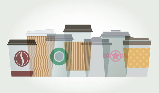 Disposable Plastic coffee cups Colourful overlapping silhouettes of coffee cups. tax silhouettes stock illustrations