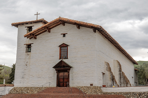 Fremont, California - March 13, 2018: The main facade of the Mission San Jose chapel