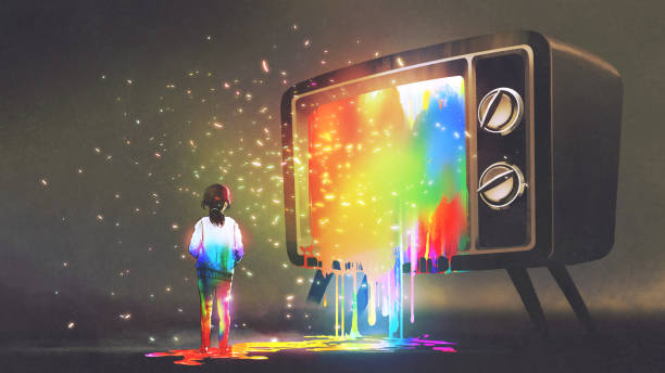 girl messed with colorful light from TV girl messed with colorful light from the big television, rainbow paint drops from retro TV, digital art style, illustration painting melting girl stock illustrations