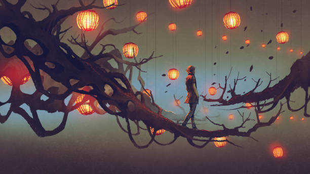 man walking on tree branch with red lanterns man walking on a tree branch with many red lanterns on background, digital art style, illustration painting light through trees stock illustrations