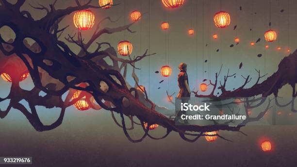 Man Walking On Tree Branch With Red Lanterns Stock Illustration - Download Image Now - Fantasy, Art, Forest
