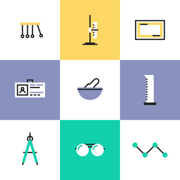 Science experiment pictogram icons set Science experiment and chemistry analysis tools, perpetual motion machine, tools for various mathematical purposes. Unusual line icons set, flat design abstract pictogram vector illustration concept. perpetual motion machine stock illustrations