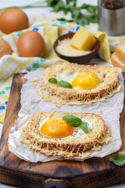 istock Toast with baked egg, cheese, spices and Basil. Breakfast 933271130