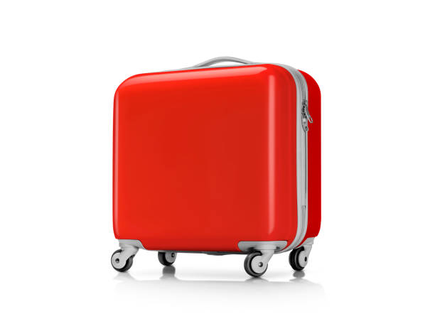 istock Red plastic suitcase or luggage for traveler isolated on white background 933295040