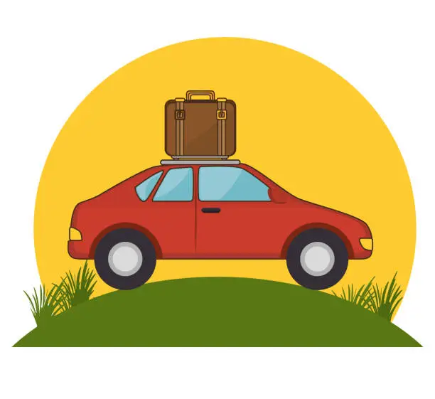 Vector illustration of red car suitcase travel grass sun