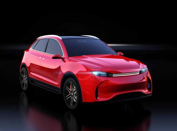 istock Metallic red Electric SUV concept car isolated on black background 933297452