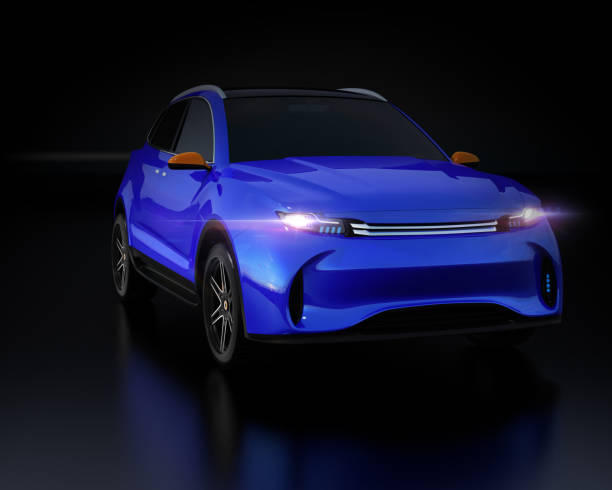 istock Metallic blue Electric SUV concept car isolated on black background 933297502