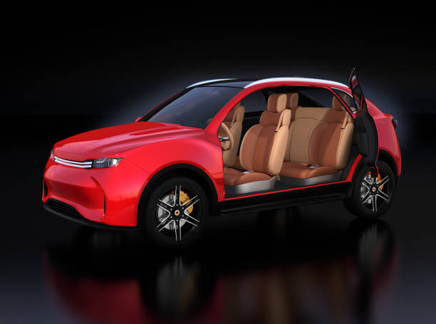 istock Metallic red Electric SUV interior without front door on reflective ground 933297542