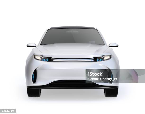 Photo libre de droit de Vue De Face De Blanche Voiture De Concept De Suv Électrique Isolée Sur Fond Blanc banque d'images et plus d'images libres de droit de Voiture