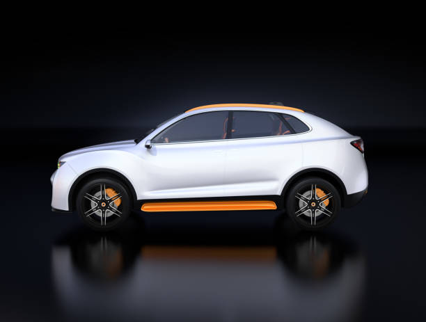 Side view of white Electric SUV concept car isolated on black background