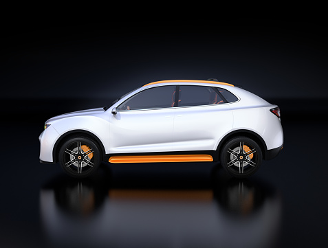 Side view of white Electric SUV concept car isolated on black background. 3D rendering image.