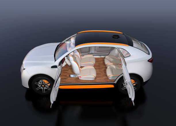 istock Side view of white self-driving Electric SUV car on reflective ground 933302146