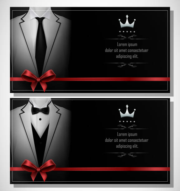 Set of white tuxedo business card templates with men's suits and black tie Vector illustration of Set of white tuxedo business card templates with men's suits and black tie necktie businessman collar tied knot stock illustrations