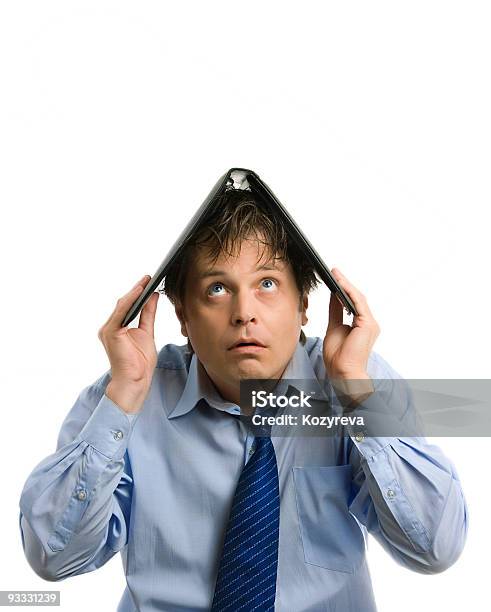Businessman Covering Up By File Stock Photo - Download Image Now - Business, Humor, Terrified